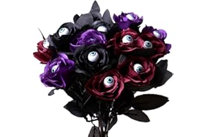 YXYQR 12pcs Halloween Flowers with Eyes Decorations, Scary Indoor Halloween Black Red Purple Roses with Eyeballs, Fake Halloween Flowers Bouquets Outdoor Arrangements for Pot Garland Party Home Decor