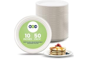 SNH Packing Eco Friendly Bagasse Biodegradable Plate 10 Inch Disposable, Made From 100% Sugarcane Plates, Natural Alternative To Paper Plate, Everyday Tableware, Heavy Duty Microwaveable - 50 Pieces.