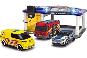 Dickie Toys - Stazione S.O.S per bambini a partire dai 3 anni (31 x 22 cm) con 3 auto giocattolo (auto della polizia, ambulanza, camion dei pompieri), stazione dei vigili del fuoco e della polizia con