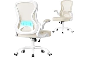 SONGMICS Sedia Ufficio Ergonomica, Sedia Scrivania Girevole in Rete, Supporto Lombare, Funzione Oscillante, Braccioli Ribaltabili, Studio Camera da Letto, Beige Cappuccino e Bianco Nuvola OBN042LH02