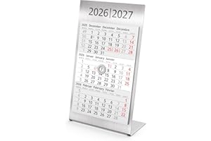 Geiger-Office- 3-Monats-Tischkalender 2026+2027 Desktop Steel - 10,5 x 18 cm - hochwertiges Design-Modell aus gebürstetem Edelstahl - mit magnetischem Kalenderblock für 2 Jahre und Ringmagnet