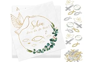 WENTSENT Taufe Deko, 40Stück Servietten Eukalyptus Goldene Taube und 52Stück Kommunion Deko Fisch Konfetti, Schön dass du da bist Servietten Tischdekoration Taufe Kommunion Konfirmation für Junge Mädchen