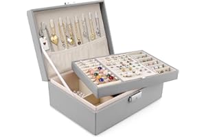 Homeanda Jewellery Box with Lock, 2-Layer Leather Jewellery Organizer boxes for Women Girls Teens, Jewellery Storage Box for Necklaces, Bracelets, Rings, Earrings (Grey)