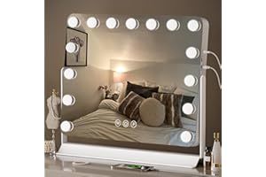 TINYLIVING Hollywood Vanity Mirror with Lights, 60x53cm Lighted Makeup Mirror with 15 Dimmable Bulbs, 360° Rotating, 3 Lighting Modes, Smart Touch Control, USB & Type C Output Port, Gift for Women and Girls