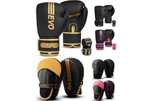 EVO Fitness Matte Black Boxing Gloves and Pads Set Punching Focus Mitts Hook and Jab Hand Target Strike Shield Training Sparring MMA Martial Arts Muay Thai Kickboxing Karate Men Women