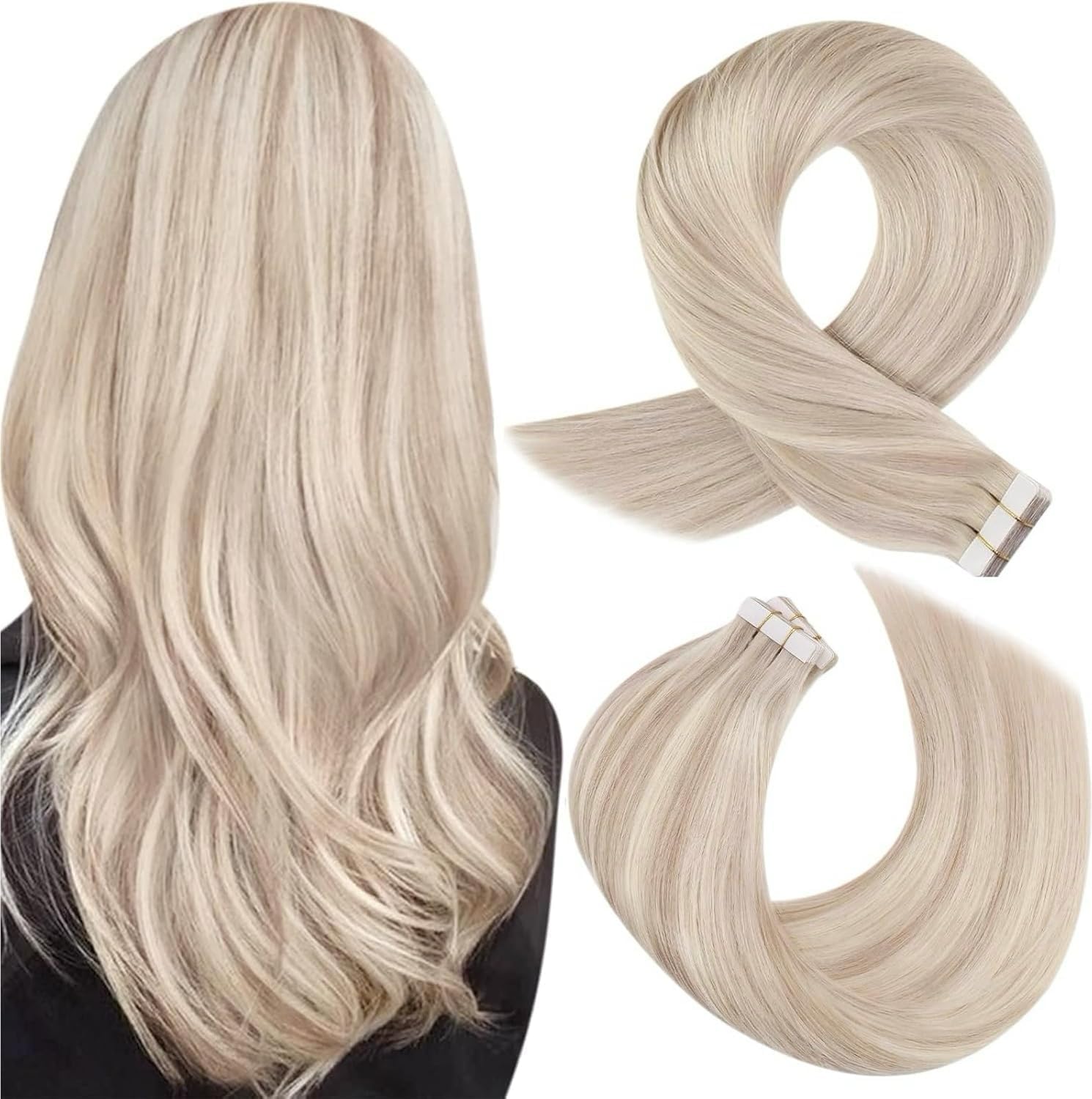 Moresoo Tape in Hair Extensions Human Hair Ash Blonde with Bleach Blonde Tape Hair Extensions Blonde Real Human Hair Extensions Tape-ins 12 Inch 20 Pieces/30g #P18/613
