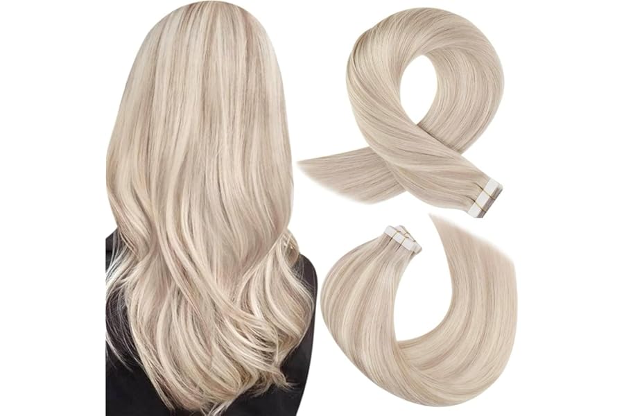 Moresoo Tape in Hair Extensions Human Hair Ash Blonde with Bleache Blonde Tape Hair Extensions Blonde Real Human Hair Extensions Tape-ins 12 Inch 20 Pieces/30g #P18/613