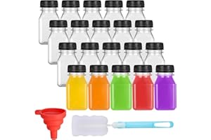 Opopark 20 Pack 4oz/120ml Plastic Juice Bottles with Black Lids, with Pouring Funnel and Brush, Empty Reusable Drink Containers for Smoothie Juice Milk, Water and Other Beverages, Black,transparent
