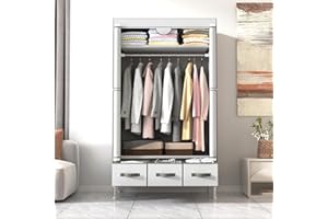 Anmas Power Portable Canvas Wardrobe with 3 Drawers and Shelves, 90 x 45 x 170 cm, Ash White