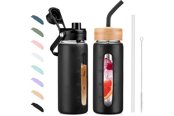 BLUEGO 600 ml glasvattenflaska med sugrör och 2 lock kaffekopp av glas med tidsmarkering och silikonskydd glasbägare för drycker Soda Cola BPA-fri