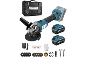 Amoladora angular inalámbrica DURFICST DAG310 de 125 mm/10000 RPM con 2 baterías de 21V y 4Ah, 4 discos de corte, 4 discos de pulido, trinquete metálico y estuche de transporte para cortar y amolar