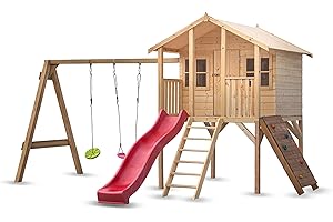 WOOD & PLAY Wood&Play Borys Maison de Jeu pour Enfants - Bricolage Facile à Assembler - Construction Robuste et Durable - Matériau Inoffensif et renouvelable - 425x300cm + Toboggan, balançoire et Mur d'escalade