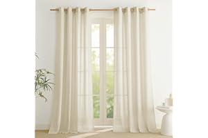 PONY DANCE Linen Curtains 90 Drop Pair, Farmhouse-Charmed Curtains Semi Sheer Curtains Eyelet Top Privacy Protected Window Treatment Panels for Bedroom/Living Room, 55x90-Inch, Set of 2, Natural