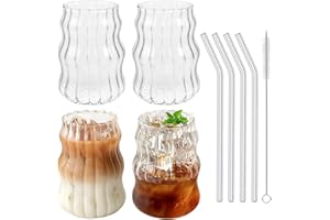 DENUOTOP Lot de 4 Fancy Verres à Eau avec Paille en Verre 530 ml, pour Café Glacé, Latte Macchiato, Matcha, Mojito, Passe au Lave-vaisselle
