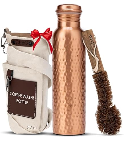 Koperen waterfles voor het drinken van puur koperen fles 1000 ml koperen vat met draagtas voor sport, yoga, ayurvedische koperen fles voor sportschool, kantoor, wandelen - Pack van 2, (Natural Curve