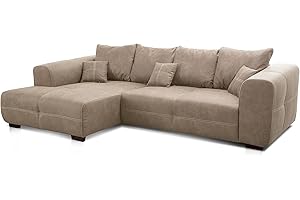 ‎CAVADORE Cavadore Ecksofa Mavericco / XXL Eckcouch Inkl. Rückenkissen und Zierkissen / Longchair links / Industrial Style / 285 x 69 x 170 (BxHxT) / Mikrofaser Beige