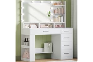 Hzuaneri 108 cm Tocador con Espejo HD Grande, tocador de Maquillaje con luz LED, 6 Compartimentos Abiertos, 5 cajones y Espacio de Almacenamiento Lateral, Blanco DT42603XEU