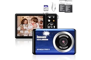 ISHARE Digital Camera for Photography with 2 Batteries 32G Memory Cards,18X Digital Zoom 30MP Camera Point and Shoot Cameras,Small Camera for Kids/Adult/Elderly/Beginners(Blue)