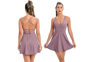 IDOPIP Womens Atheletic Tennis Dress with Built-in Bras & Shorts Sleeveless Criss Cross Back Lace Up Exercise Golf Sport Dresses for Women