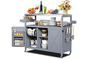 AeasyG Outdoor Kücheninsel, Edelstahl Arbeitsplatte Outdoor Grillwagen, massivholzroller Tischwagen mit Abstellschrank, Gewürz und Handtuchhalter, 4 Haken für Zubereitung, Grillen und Bar