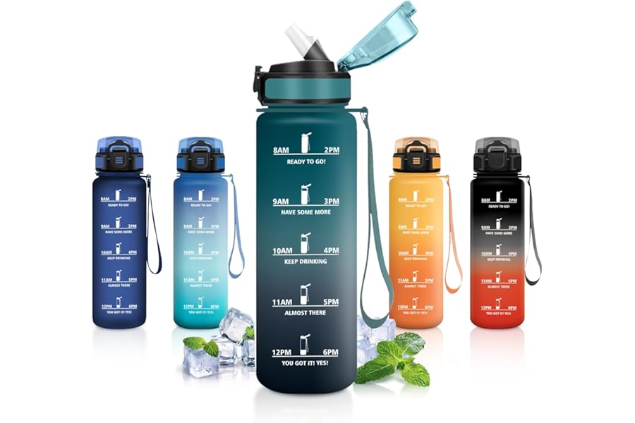 Borraccia 1 Litro, Borraccia Sportiva con Cannuccia, Bottiglia Acqua Sportiva con Indicatore del Tempo, Facile da Pulire, Borracce a Prova Di Perdite, per Bicicletta, Corsa, Ufficio, Campeggio