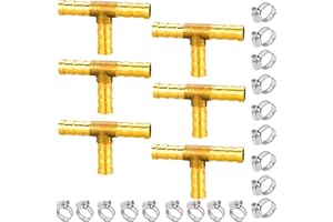 TOOLKNIGHT 6 Stück 8mm T Stück Schlauchtülle, Messing 3 Wege Verbindungsstück, 8mm Messing T Verbindungsstück mit 18 Klemmen, T förmiger Schlauchverbinder, für Garten Schlauch, Luft, Wasser, Öl