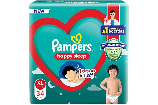 Pampers Happy Sleep Pant Style Baby Diapers, X-Large (XL), 34 Count, 1 Pampers = 1 Night Sleep, with Anti Rash Shield, 12-17