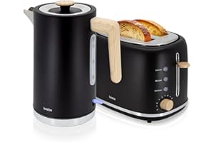 briebe Nordic Ensemble Grille Pain 2 Fentes Tranches Larges, 6 Niveaux de Dorage + Bouilloire Électrique 1,7 L sans Fil, 2200 W, sans BPA, Pack Petit Déjeuner Électroménager, Design Nordique, Noir