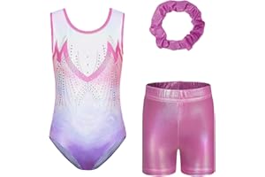 Kiscorpse Gymnastics Leotard for Girls, Long Sleeve/Sleeveless Sparkle Dance Ballet Leotards Athletic Dancewear for Girl Pink & Purple & Blue Gradient Sparkly Dancing Costume for 5-12 Years