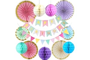 IGONE Pastel Birthday Party Decorations,Macaron Happy Birthday Banner ,Bunting,Hanging Paper Fans, Pom Poms,Honeycomb Decorations Set For Girls And Womens