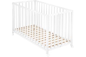 roba Lit Bébé Pliant en Hêtre "Fold Up" 60x120 cm - avec Roulettes à Freins - Blanc