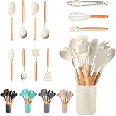 JUPPLIES Silicone Kitchen Utensils Set 12 Pieces with Wooden Handles and Organizer Holder - Non-Stick Heat Resistant Set - Su