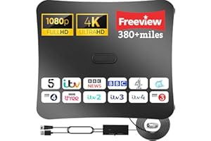BAOLUOD TV Aerial Indoor - Digital TV Aerial 380 Miles Range & 360° Reception with Amplifier Signal Booster, Freeview TV Antenna Support 4K/1080P/All Older TV with 16.4ft Coax Cable