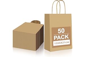 Gucass 50 Pezzi Piccolo Sacchetti Carta con Manici, Marrone Borse Carta Kraft Sacchetti da Regalo, 15x8x21cm, Shopper in Kraft Carta Borsa Regalo, per Feste Compleanno Natale Matrimoni Shopping