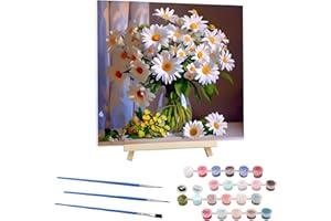 EOBROMD Peinture par Numéros pour Adulte Marguerite, DIY Bouquet Peinture Acrylique pour Adultes Débutants avec Cadre en Bois et Chevalet, Peinture Acrylique Peinture Sans Plis Toile 30x30cm