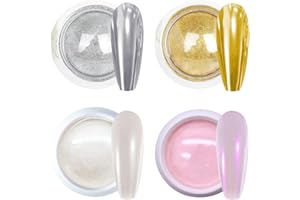 ‎GZMAYUEN GZMAYUEN Chrome Nail Powder, 4 Farben Crome Pigment Für Nägel Aurora Weiße Perle Silver Gold Chrome Nail Powder Cromepulver Nägel Art Nageldesign