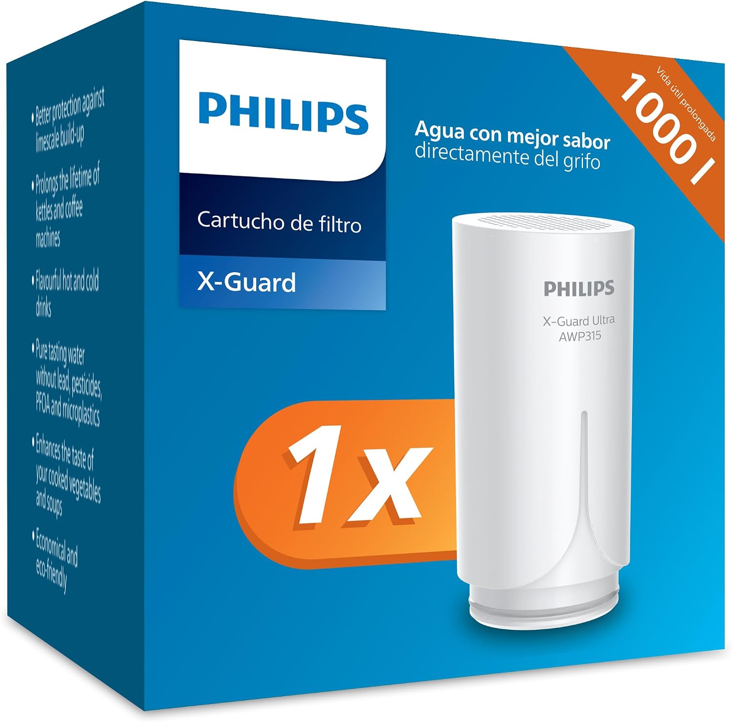 Philips Water Cartucho de filtro Ontap AWP305/10, MICROFILTRACIÓN, Paquete de 1, capacidad de filtración de 1000 L, filtra SEDIMENTOS, CLORO y otras sustancias que alteran el sabor