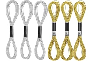 ZHjuju Fils à Broder Métalliques,6 Pièces Fils à Broder au Point de Croix Fil à Broder Scintillant Fil À Coudre Couleur Métallique Pailleté pour Broderie Fil Artisanats,Or, Argent