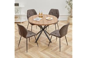 GrandCA HOME Juego de Mesa y Sillas de Comedor, Mesa de Comedor Redonda de 100 CM y 4 Sillas Modernas de Lino, para Comedor, Cocina, Sala de Estar (Oscuro + Negro)