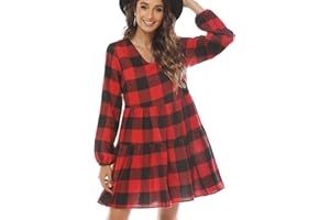 FANCYINN Abito Scozzese da Donna con Maniche Lunghe a Campana Mini Abito Scampanato con Volant e Tasche