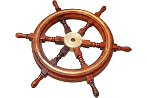 Brainmart Rueda de Barco náutica Hecha a Mano de Madera, capitán Pirata, Barco, Bienvenida a Bordo, Volante Colgante para el hogar | Decoración del hogar (Borde de latón, 18 Pulgadas)