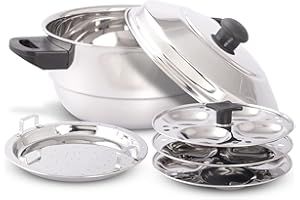 KSJONE Edelstahl Multi Kadai (Induktionsfreundlich) mit Edelstahldeckel, 3 Idli-Teller (12 Idlis), 1 Patra-Teller, silber