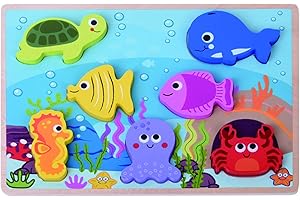 JUMINI Wooden Fish Ocean Chunky Puzzle – 7 Colourful Pieces - for Children Toddlers 1 year 12 months+ and above – Bold design and bright colours Sea Marine Life scene