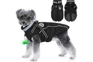 HezzLuv Manteau D’Hiver Imperméable pour Chien avec Harnais, Bandes Réfléchissantes & Collier LED, Doublé Polaire/Coton, Coupe-Vent, Réglable, pour Petits & Moyens Chiens (Noir, XL)