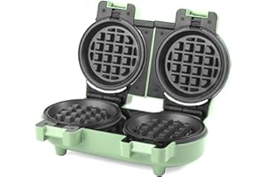 Giles & Posner EK5922GSGR Double Mini Waffle Maker – Non-Stick Waffle Iron Machine, Sweet/Savoury Snacks Desserts, Compact, 11.5cm Removable Plates, American Style Waffles, Pastel Green, 1100 W