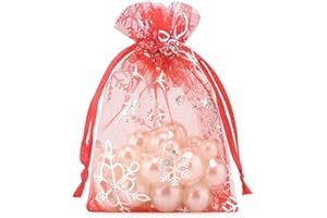 G2PLUS 9x12 CM Weihnachten Organzasäckchen Rot, 50 Stück Kleine Geschenk Organzabeutel, Schneeflocke Organzasäckchen mit Kordelzug für Geschenk Weihnachten Deko