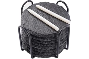 WLWNWFT Schiefer Untersetzer für Gläser 8er Set, Glasuntersetzer Schiefer rund mit Halter 10x10 cm, Bierdeckel Getränkeuntersetzer inkl. Kreidestift, für Getränke, Tassen, Bar, Glas
