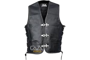 CAZA Leather Motorcycle/Motorbike Waistcoat Vest Cut - Mens Riding Club Black Biker Vests With Braided Laced Sides