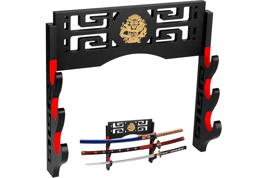 Alyoen 3-Tier Sword Display Katana Wall Mount, Samurai Sword Katana Holder Stand with Velvet Padded Hook & Dragon Pattern, Sword Rack for Wakizashi Lightsaber Samurai