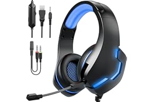 GAMURRY Auriculares Gaming para PS4, Gaming Headset,Auriculares para juegos con cable USB Audio Jack 3,5 mm,Auriculares Over Ear con micrófono, luz LED y control de volumen,para PS4 Xbox One S,PS